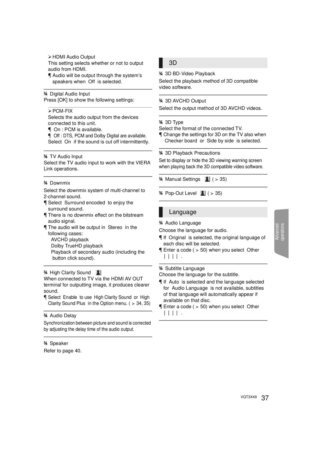 Panasonic SC-BTT490 owner manual Language, ¾ PCM-FIX 