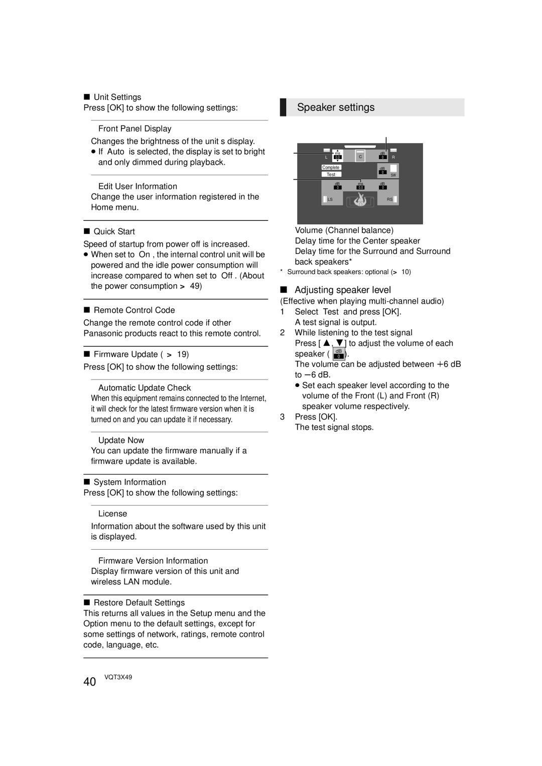 Panasonic SC-BTT490 owner manual Speaker settings, Adjusting speaker level 