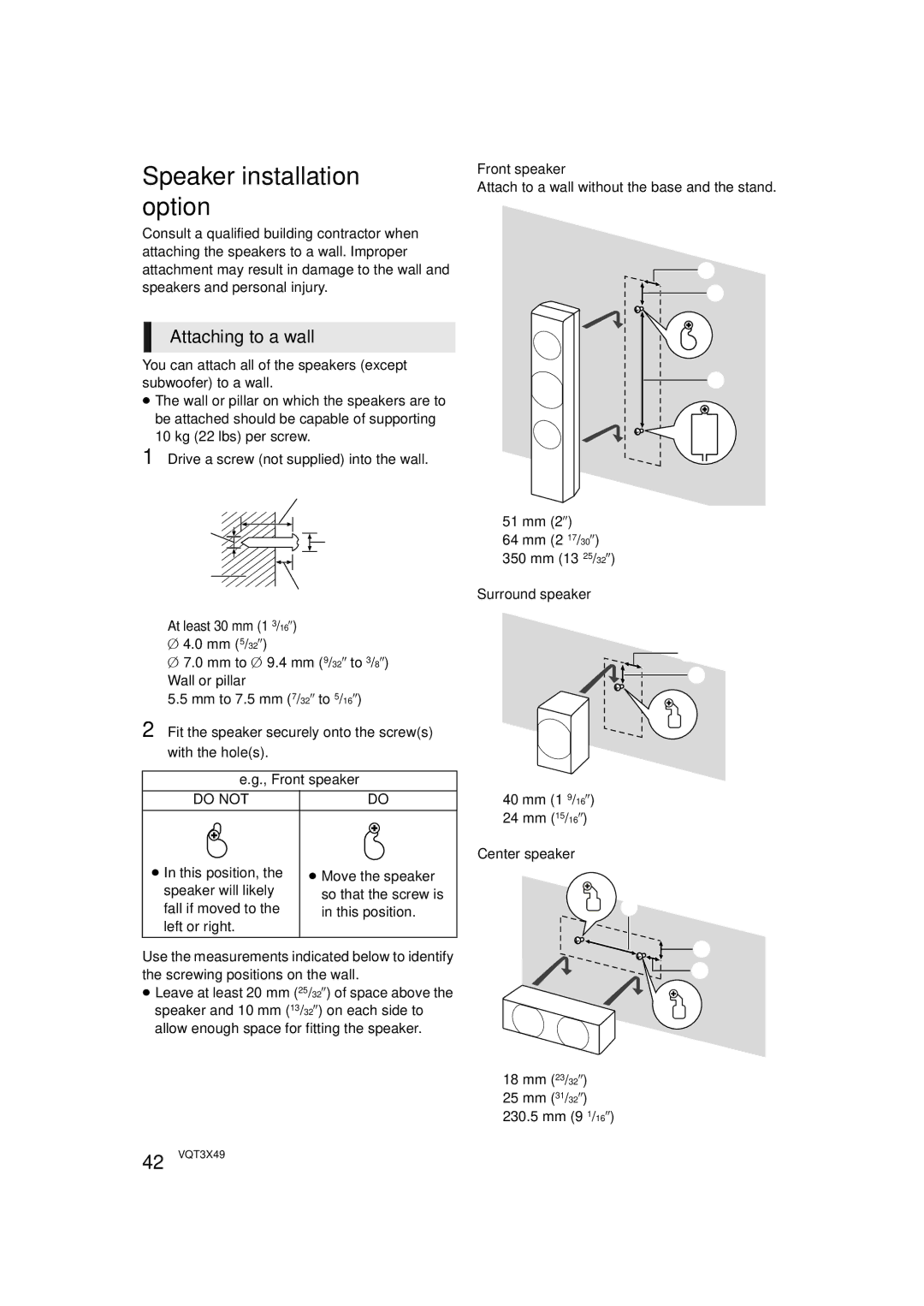 Panasonic SC-BTT490 owner manual Speaker installation option, Attaching to a wall, Do not 