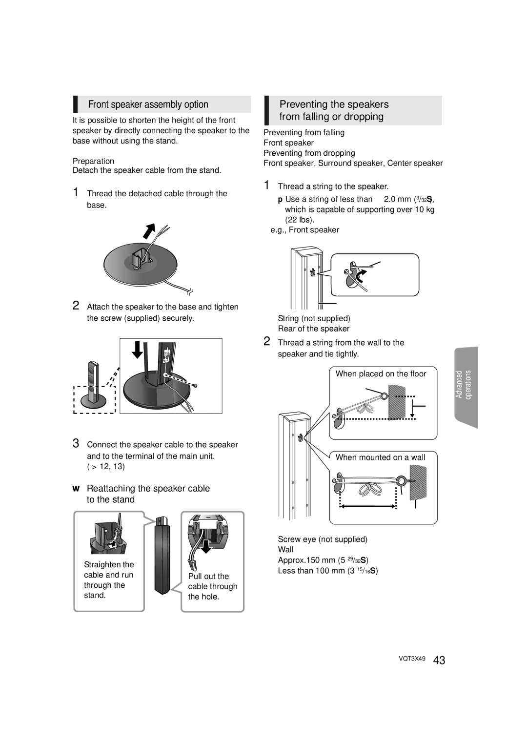 Panasonic SC-BTT490 owner manual Front speaker assembly option, Preventing the speakers from falling or dropping,    