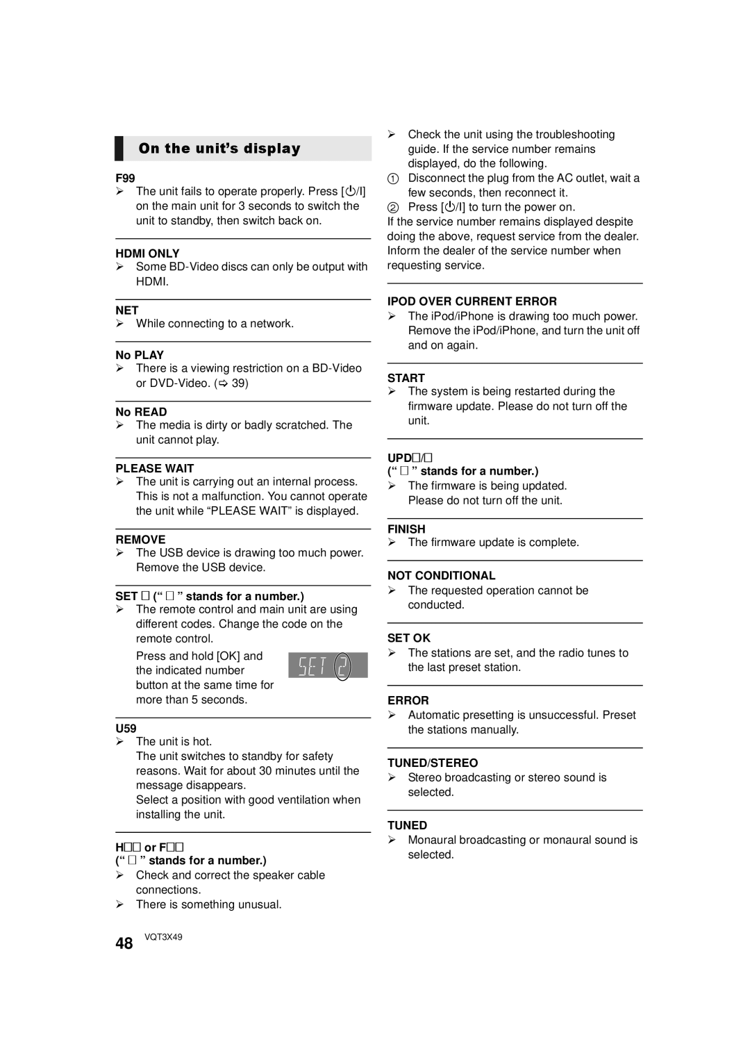 Panasonic SC-BTT490 owner manual On the unit’s display 