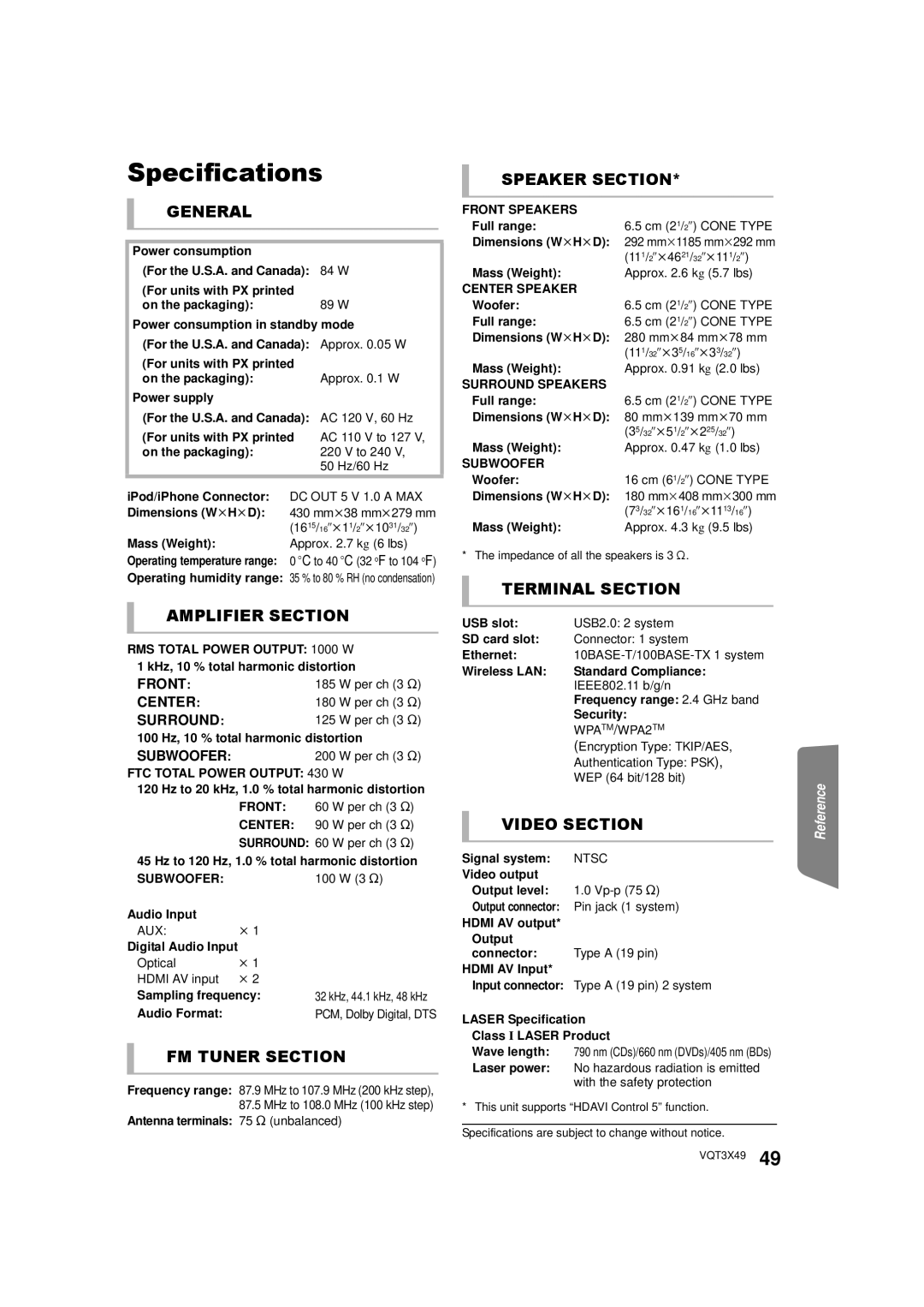 Panasonic SC-BTT490 owner manual Specifications, Center 