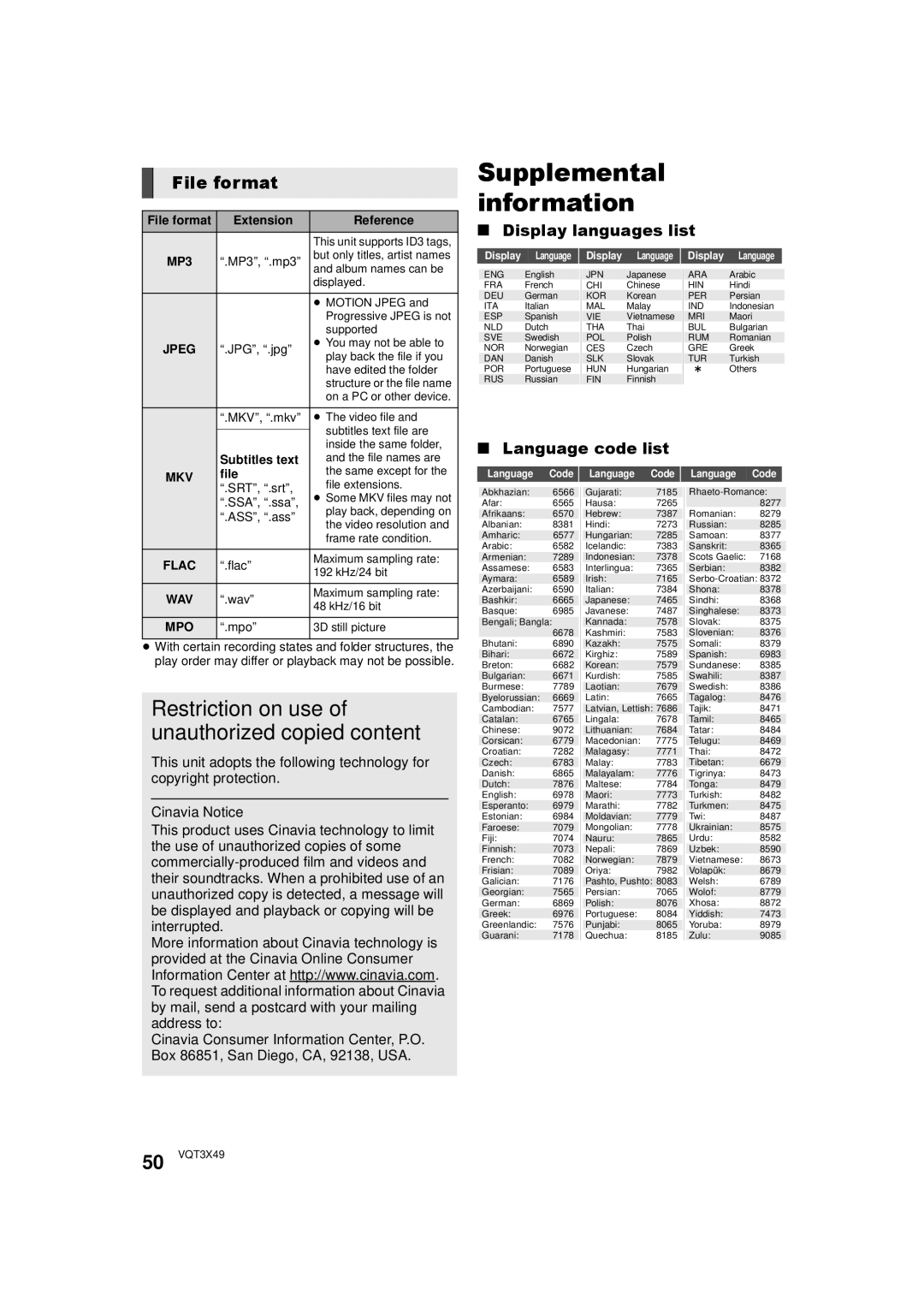 Panasonic SC-BTT490 owner manual Supplemental information, File format, Display languages list, Language code list 