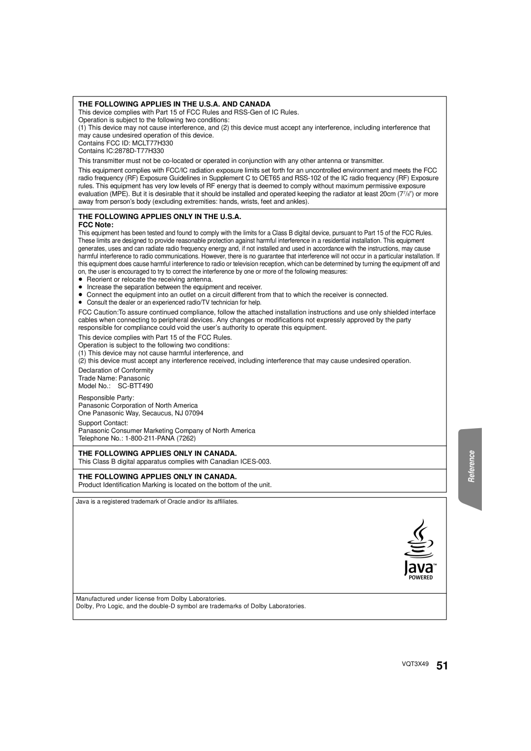 Panasonic SC-BTT490 owner manual Following Applies only in Canada 