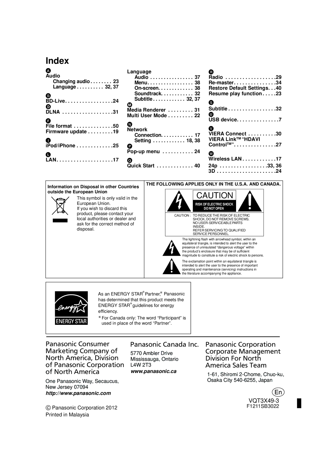 Panasonic SC-BTT490 owner manual Index, Dlna, Lan 