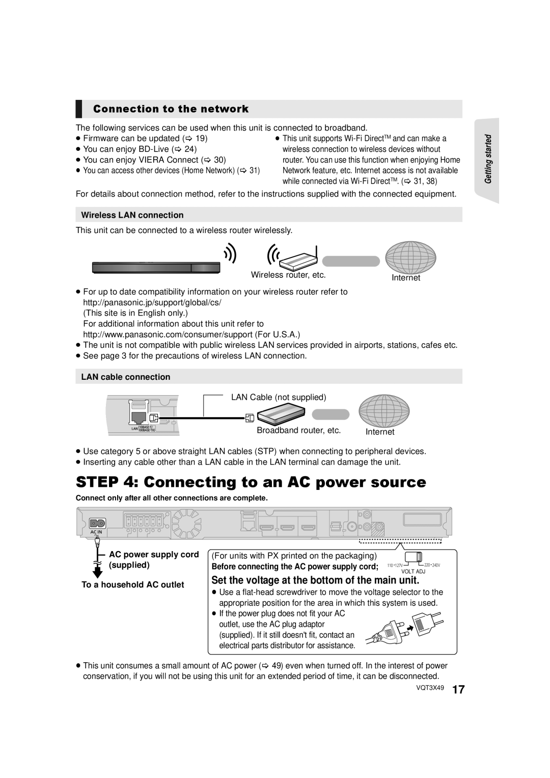 Panasonic SC-BTT490 owner manual Connecting to an AC power source, Connection to the network 