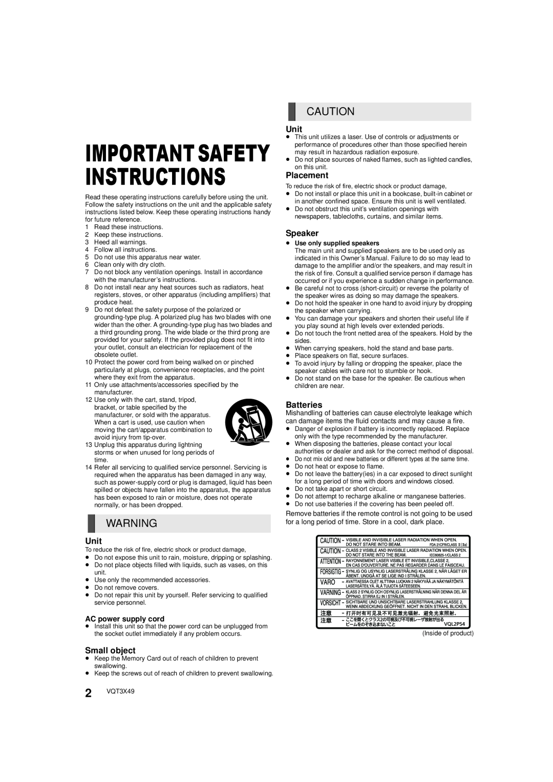 Panasonic SC-BTT490 Important Safety Instructions, Unit, Small object, Placement, Speaker, Batteries, AC power supply cord 