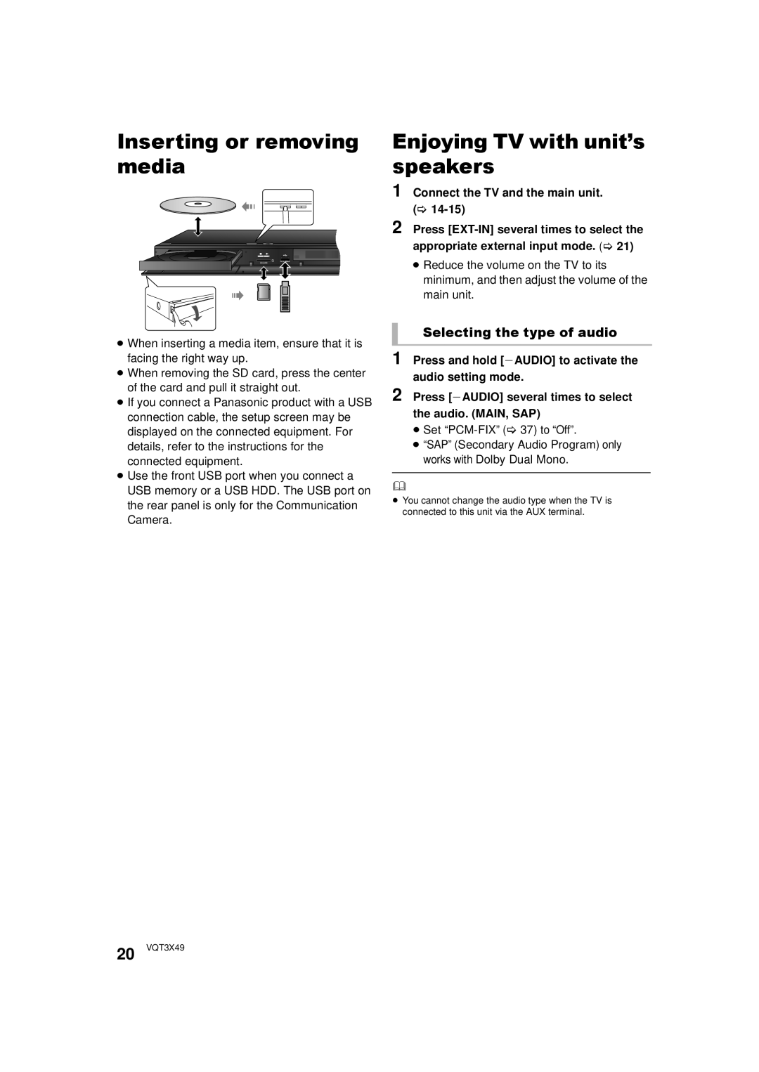 Panasonic SC-BTT490 owner manual Inserting or removing media, 20 VQT3X49 