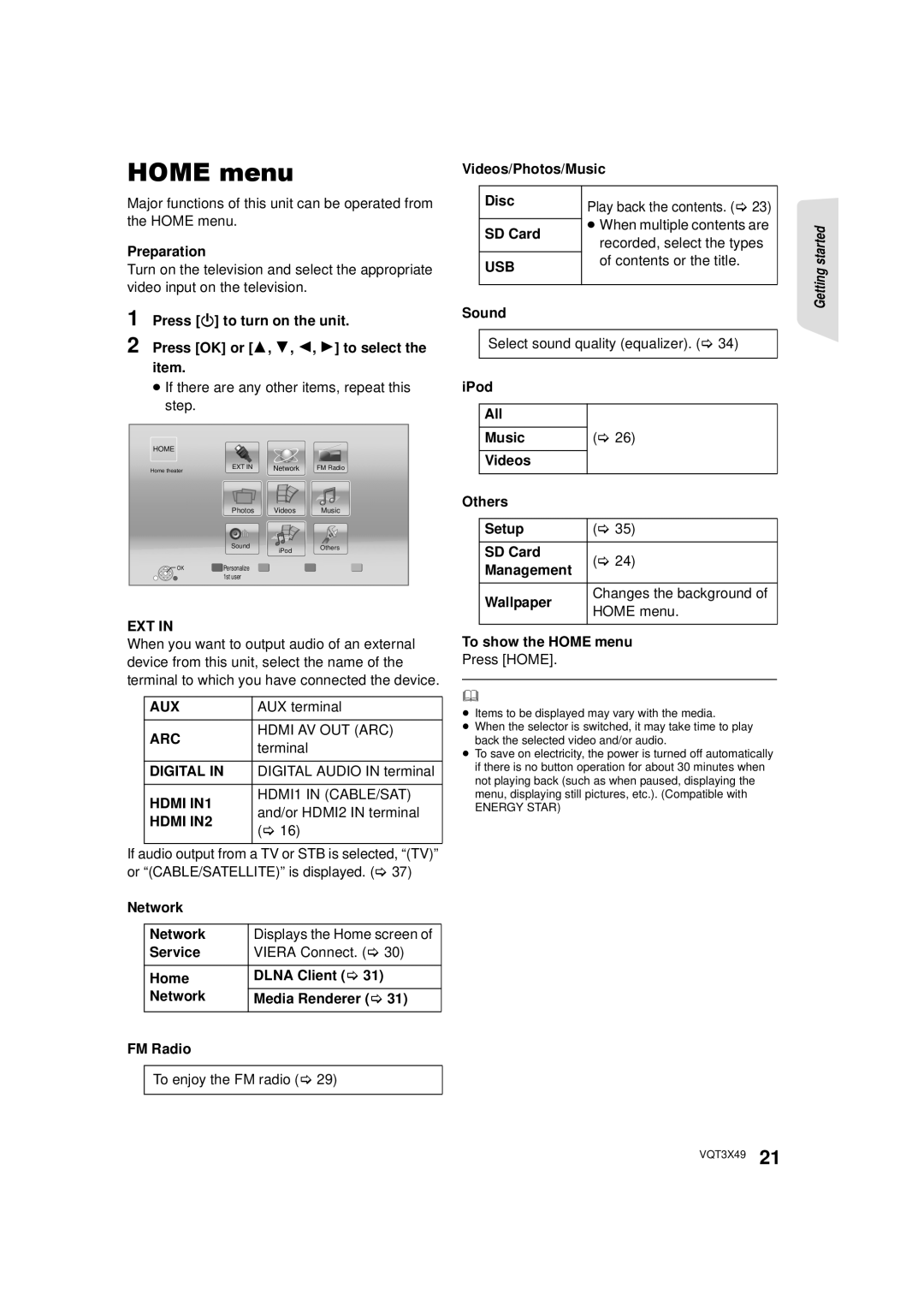 Panasonic SC-BTT490 owner manual HOME menu 