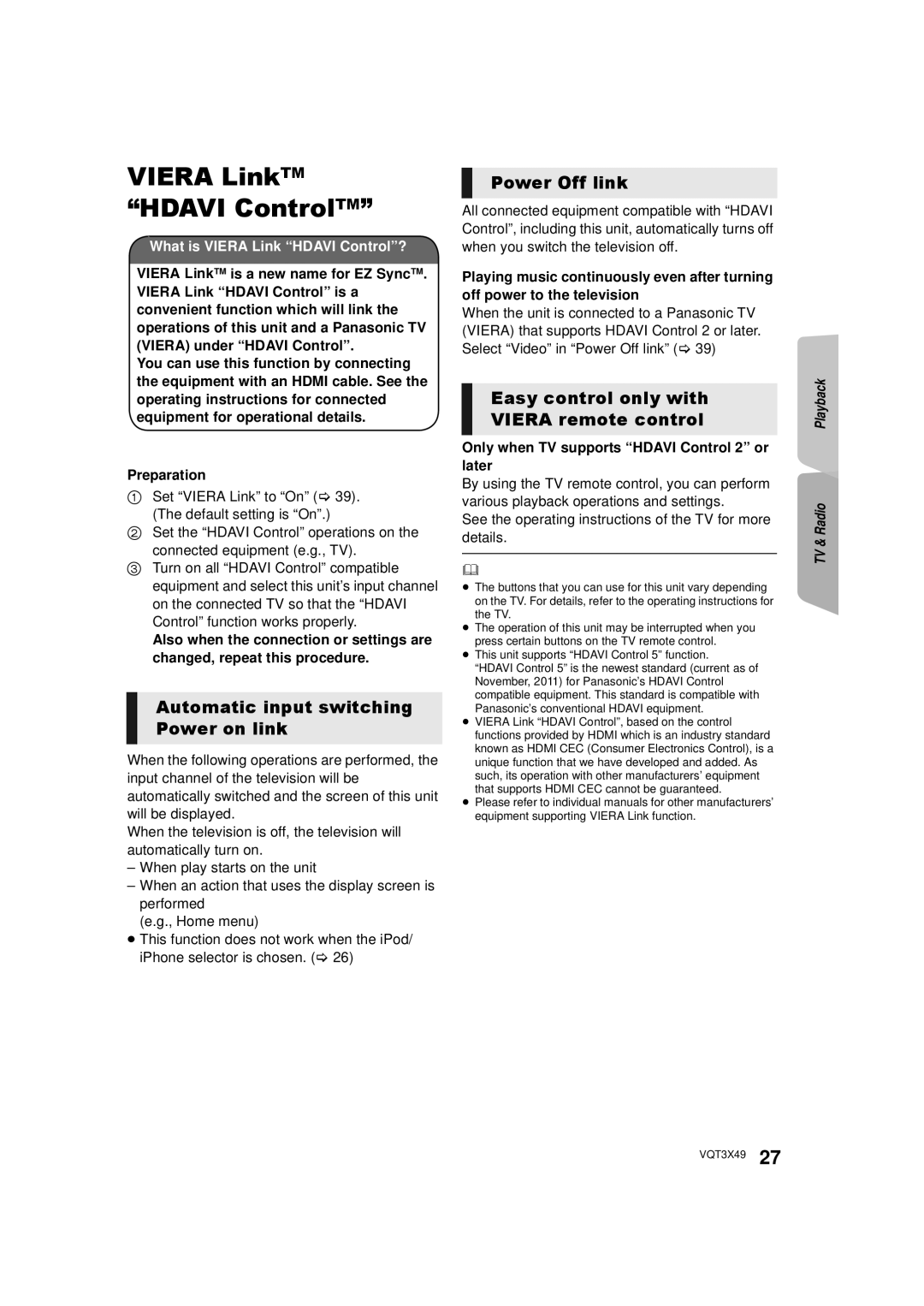Panasonic SC-BTT490 owner manual VIERA LinkTM “HDAVI ControlTM”, Automatic input switching Power on link, Power Off link 