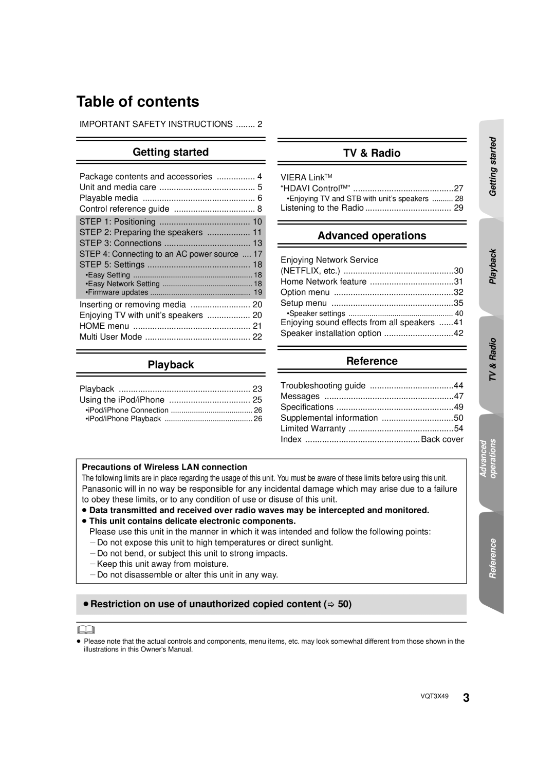 Panasonic SC-BTT490 owner manual Table of contents, Getting started, TV & Radio, Advanced operations, Playback, Reference 