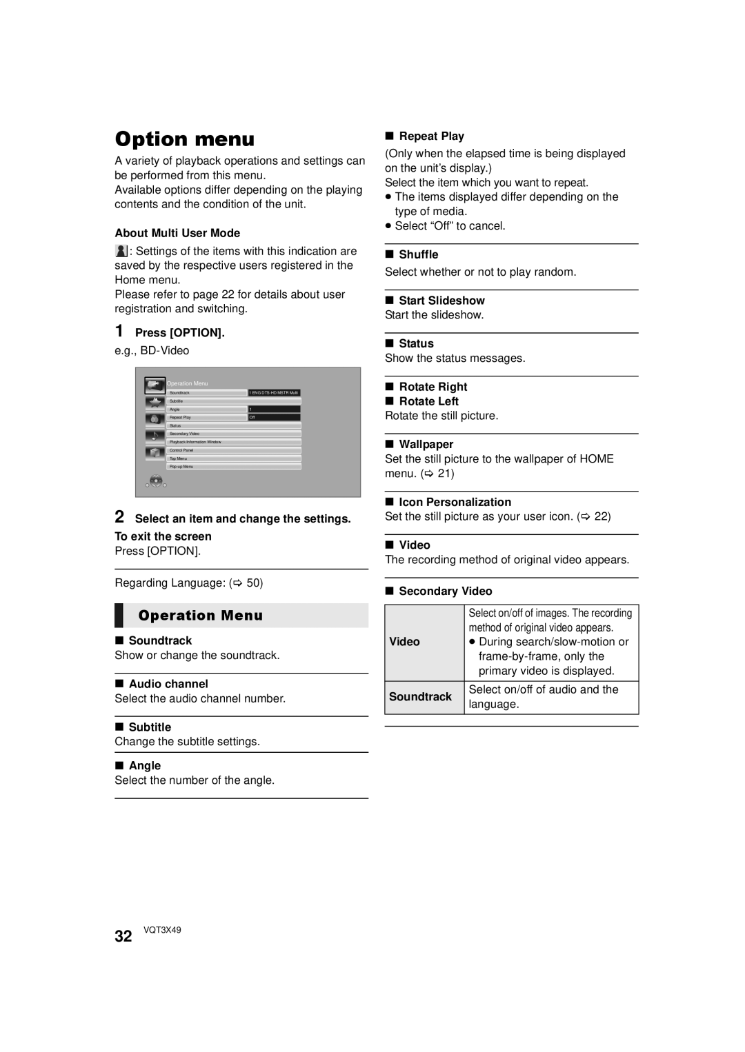 Panasonic SC-BTT490 owner manual Option menu, Operation Menu 