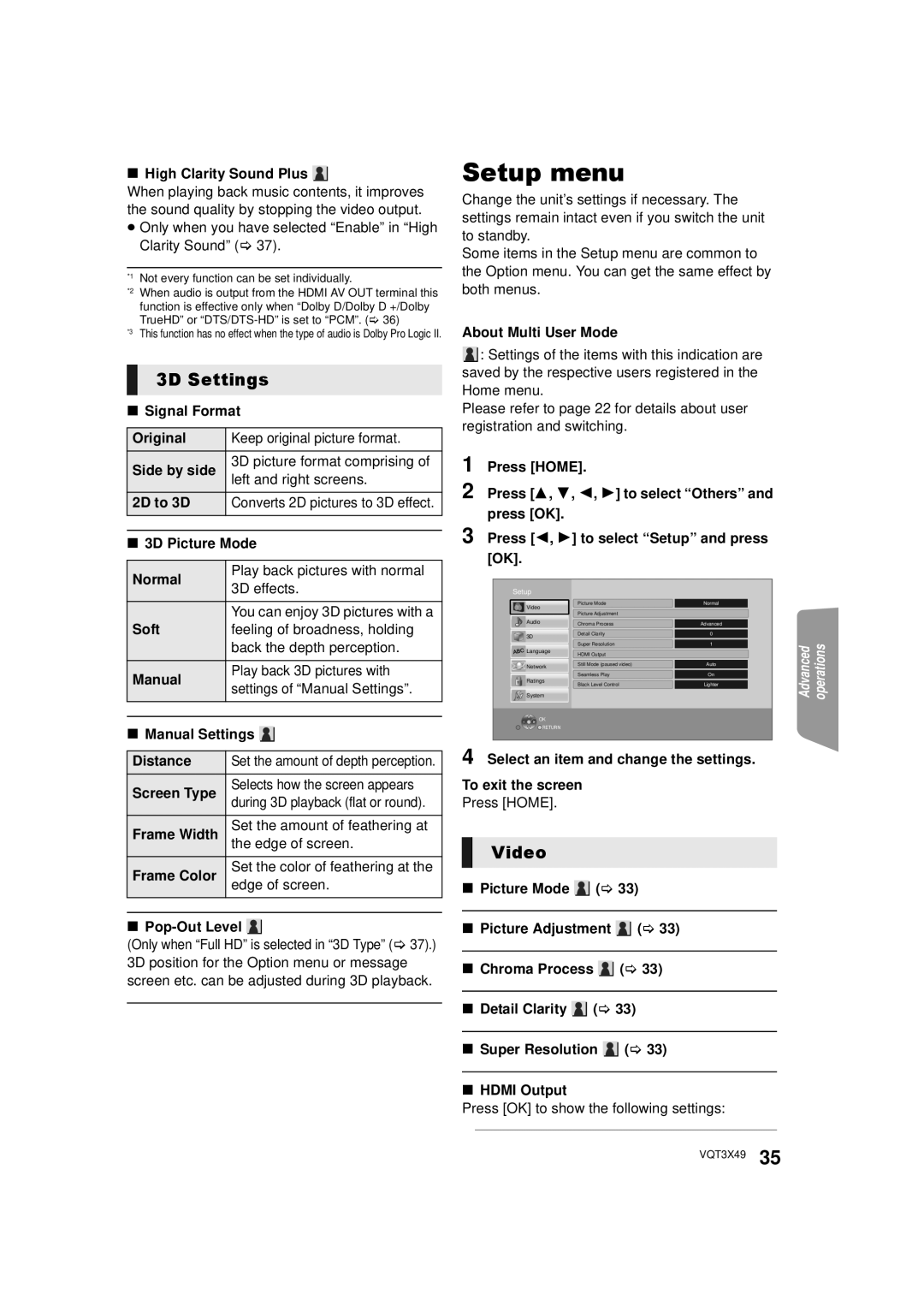 Panasonic SC-BTT490 owner manual Setup menu, 3D Settings, Video 