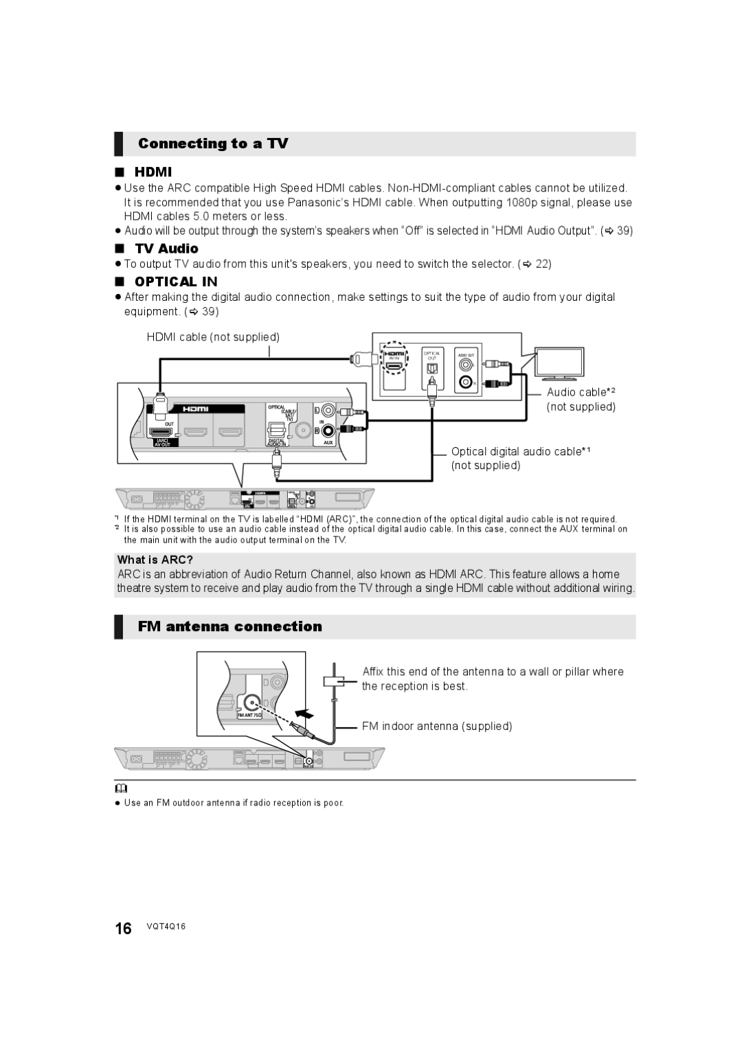 Panasonic SC-BTT560 SC-BTT500 SC-BTT460 SC-BTT400 manual Connecting to a TV, FM antenna connection, TV Audio, What is ARC? 