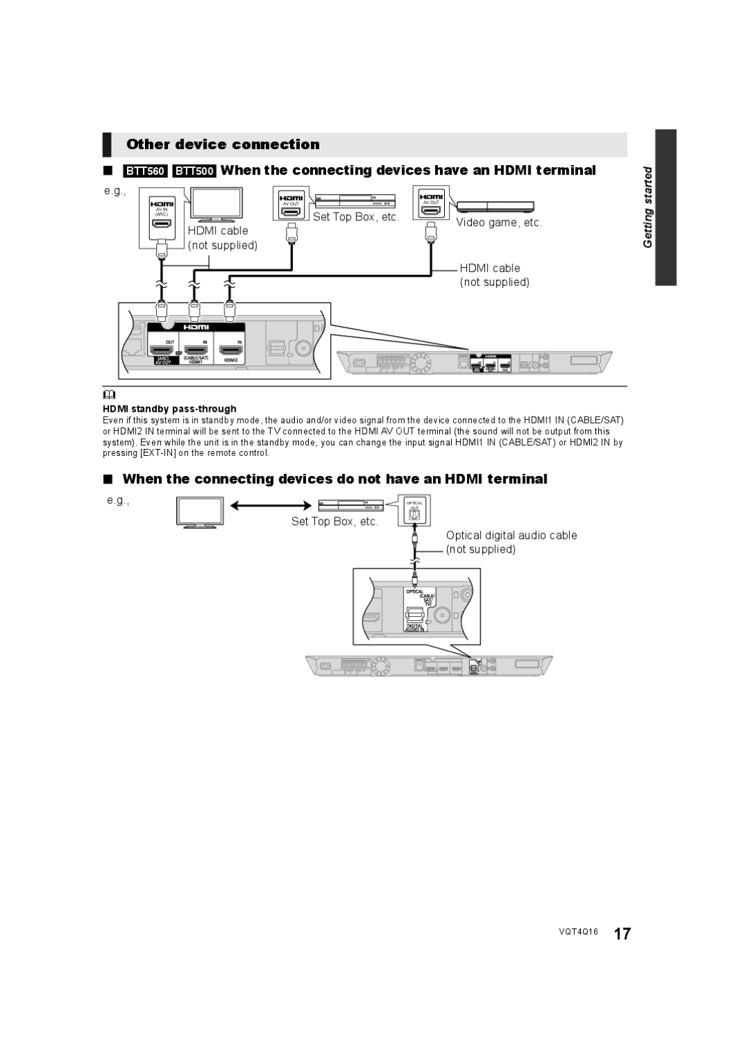 Panasonic SC-BTT560 SC-BTT500 SC-BTT460 SC-BTT400 manual Other device connection, Set Top Box, etc 