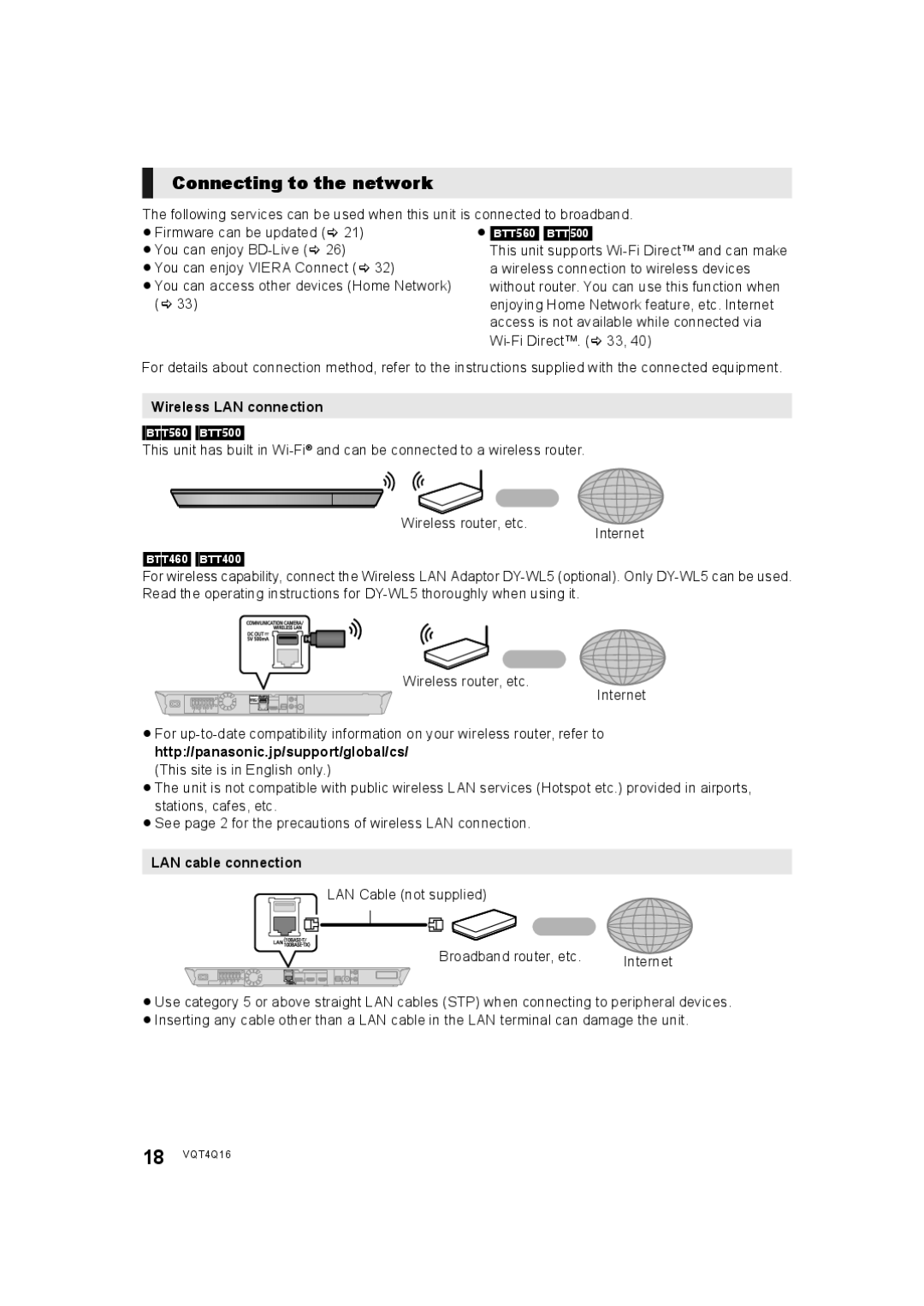 Panasonic SC-BTT560 SC-BTT500 SC-BTT460 SC-BTT400 manual Connecting to the network, ≥ BTT560 BTT500, LAN cable connection 