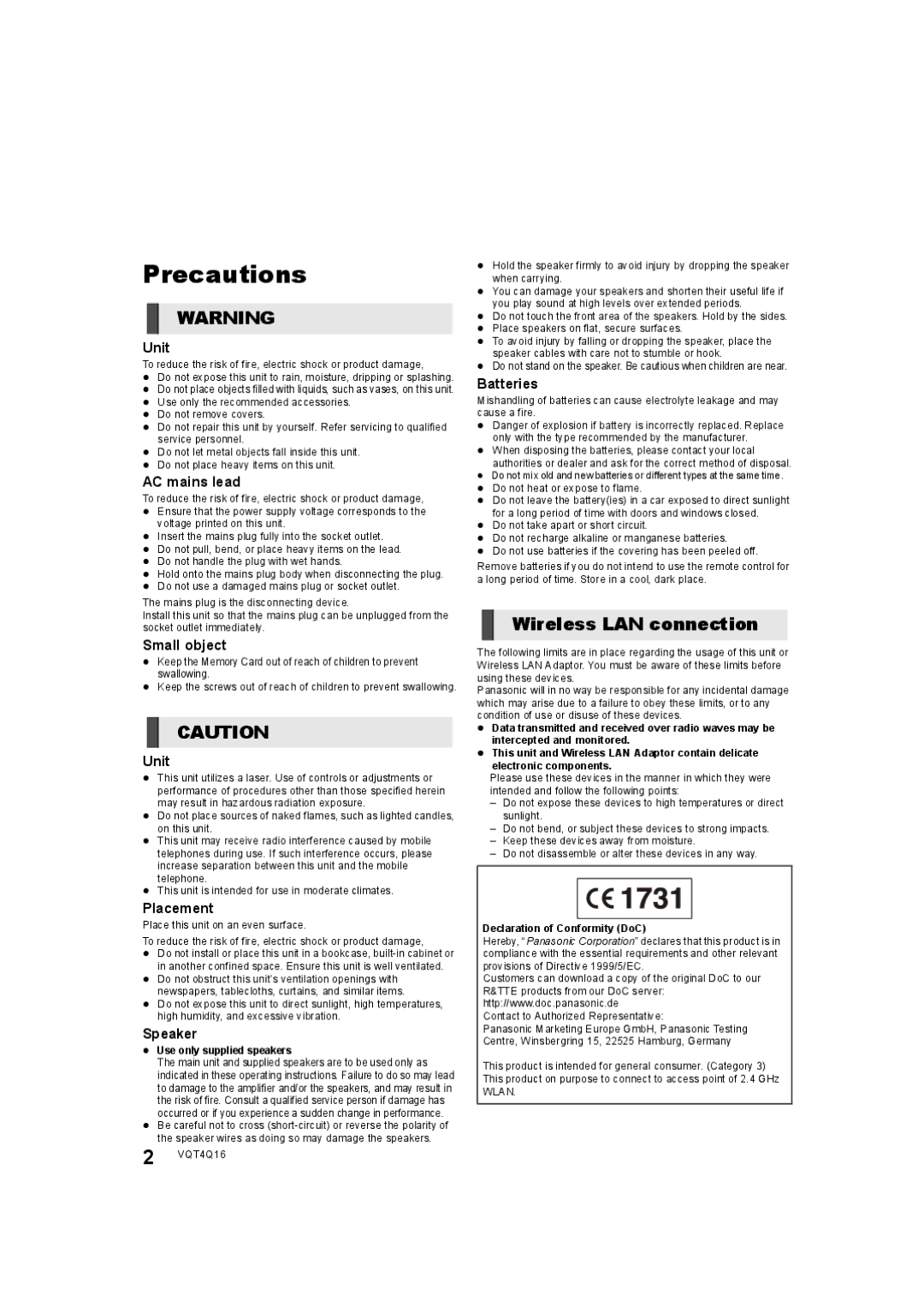 Panasonic SC-BTT560 SC-BTT500 SC-BTT460 SC-BTT400 manual Precautions, Wireless LAN connection 