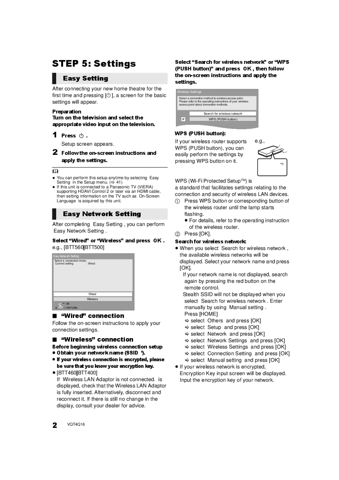 Panasonic SC-BTT560 SC-BTT500 SC-BTT460 SC-BTT400 manual Settings, Easy Setting, Easy Network Setting, Wired connection 