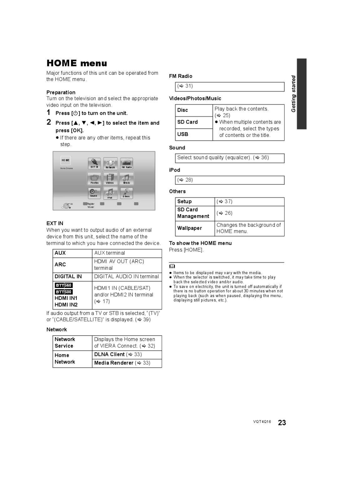 Panasonic SC-BTT560 SC-BTT500 SC-BTT460 SC-BTT400 manual Home menu, Network, Service, SD Card, Sound 