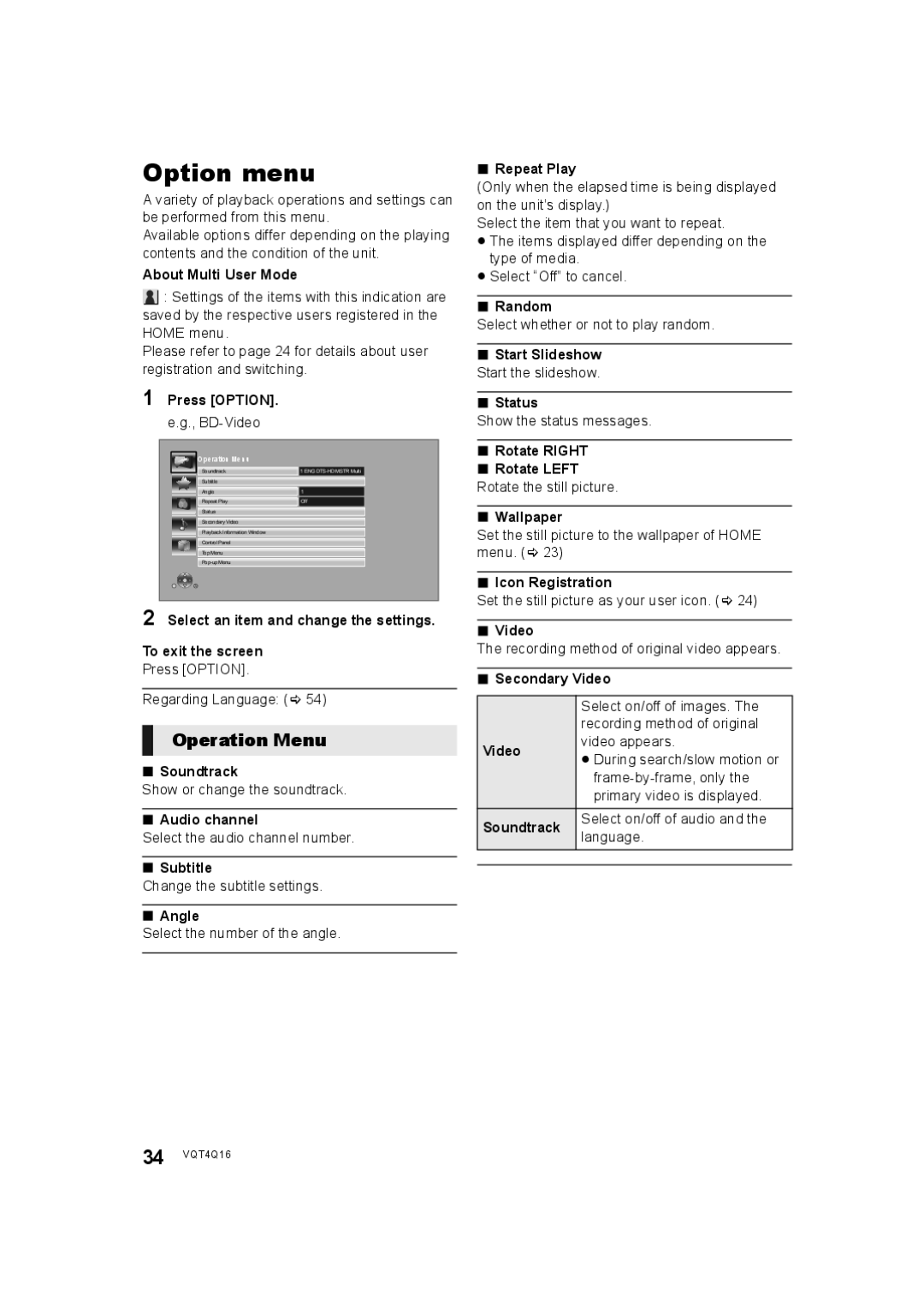 Panasonic SC-BTT560 SC-BTT500 SC-BTT460 SC-BTT400 manual Option menu, Operation Menu 