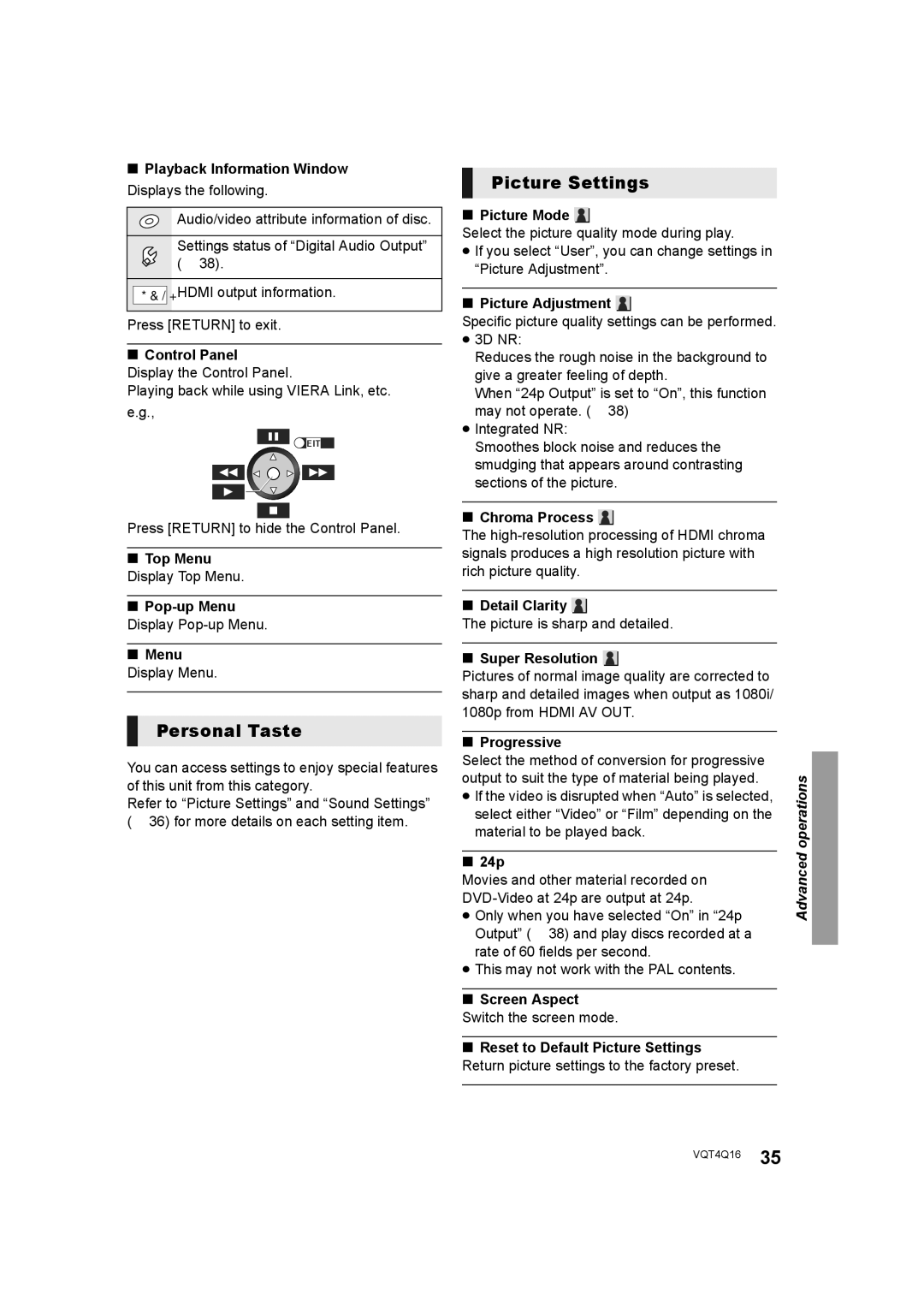 Panasonic SC-BTT560 SC-BTT500 SC-BTT460 SC-BTT400 manual Personal Taste, Picture Settings 