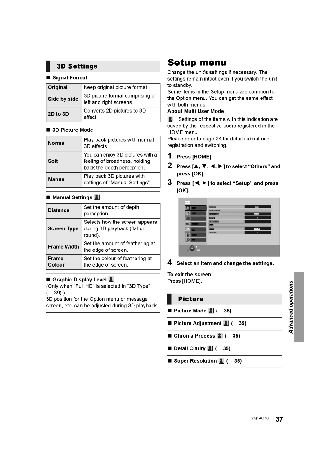 Panasonic SC-BTT560 SC-BTT500 SC-BTT460 SC-BTT400 manual Setup menu, 3D Settings, Picture 