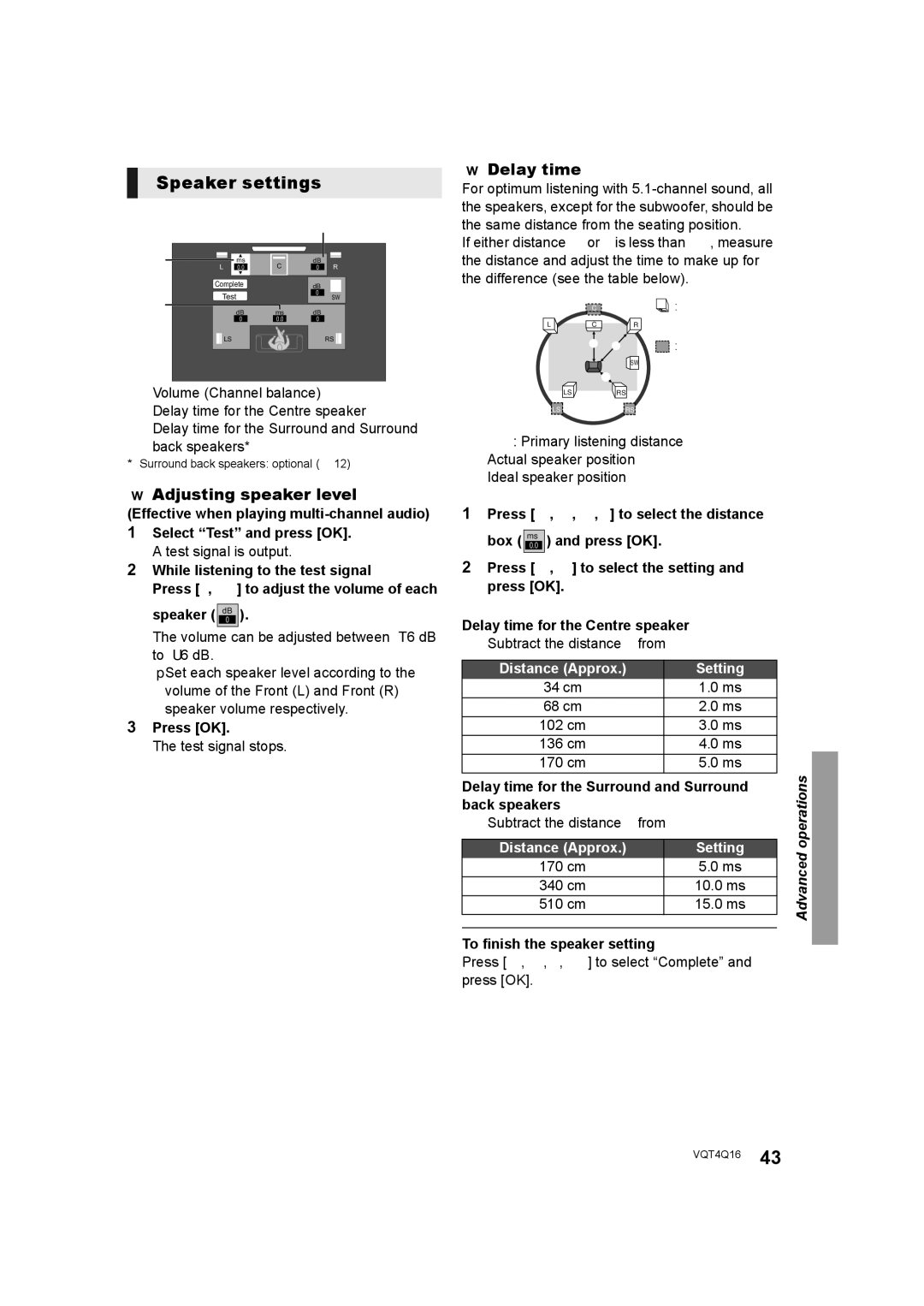 Panasonic SC-BTT560 SC-BTT500 SC-BTT460 SC-BTT400 manual Speaker settings, Adjusting speaker level, Delay time 