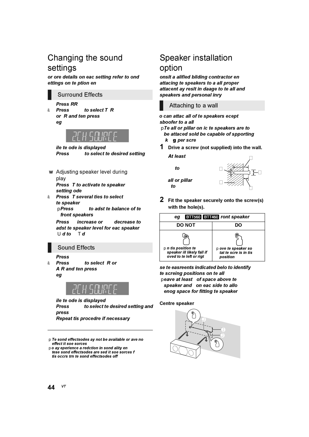 Panasonic SC-BTT560 SC-BTT500 SC-BTT460 SC-BTT400 Changing the sound settings, Speaker installation option, Sound Effects 