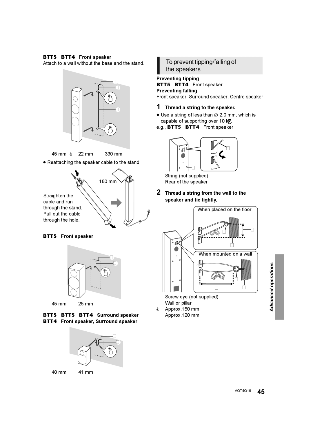 Panasonic SC-BTT560 SC-BTT500 SC-BTT460 SC-BTT400 manual To prevent tipping/falling of the speakers,   