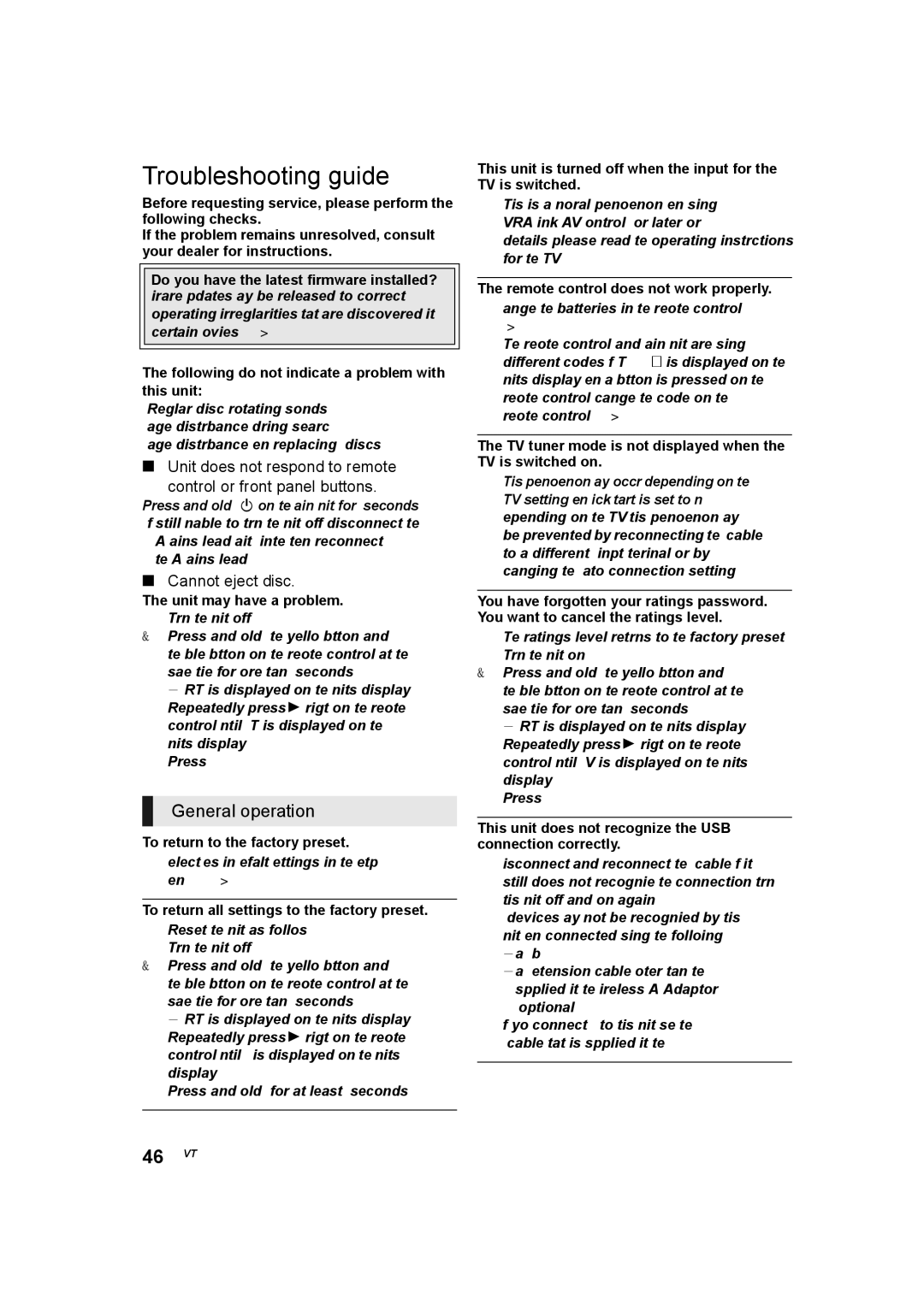 Panasonic SC-BTT560 SC-BTT500 SC-BTT460 SC-BTT400 manual Troubleshooting guide, General operation, Cannot eject disc 