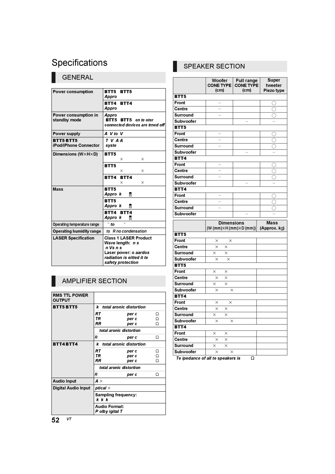 Panasonic SC-BTT560 SC-BTT500 SC-BTT460 SC-BTT400 manual Specifications, General 