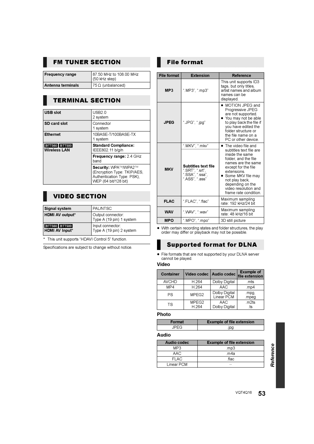 Panasonic SC-BTT560 SC-BTT500 SC-BTT460 SC-BTT400 manual File format, Supported format for Dlna, Photo, Audio 