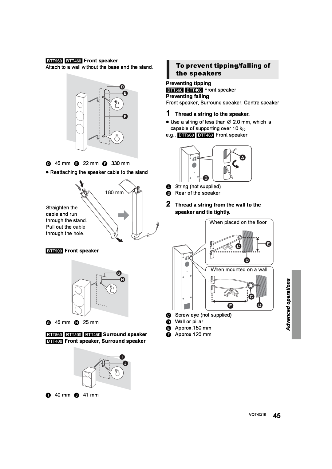 Panasonic SC-BTT560 SC-BTT500 SC-BTT460 SC-BTT400 manual To prevent tipping/falling of the speakers,  ,    