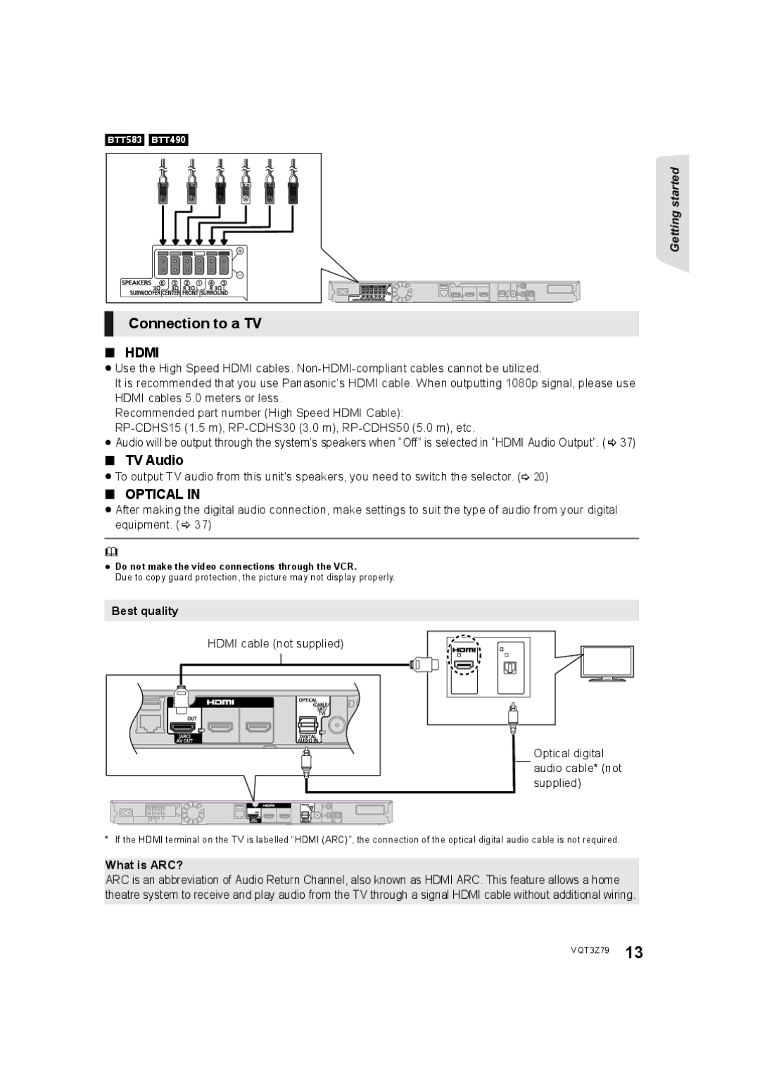 Panasonic SC-BTT490, SC-BTT583, SC-BTT790 operating instructions Connection to a TV, TV Audio, Best quality, What is ARC? 