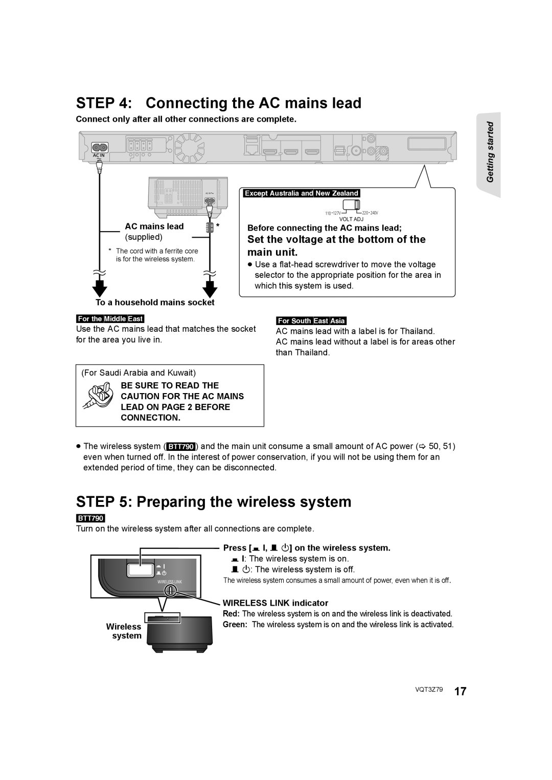 Panasonic SC-BTT790, SC-BTT583, SC-BTT490 operating instructions Connecting the AC mains lead, Preparing the wireless system 