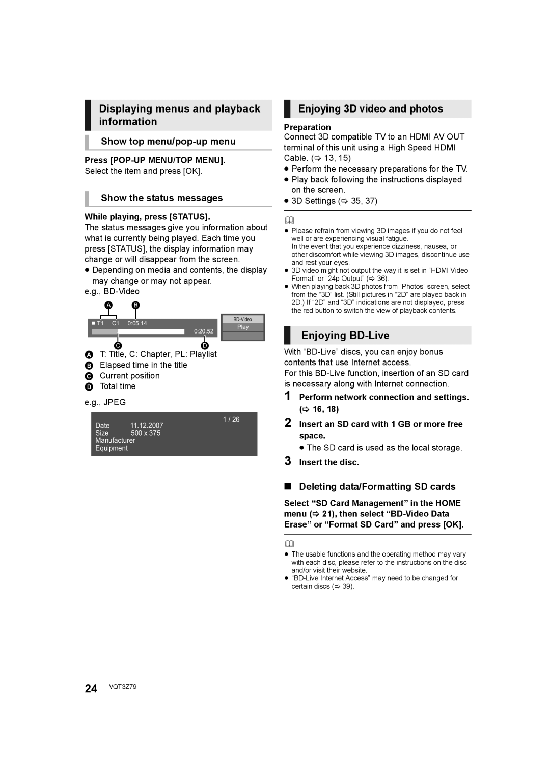 Panasonic SC-BTT583, SC-BTT490 Displaying menus and playback information, Enjoying 3D video and photos, Enjoying BD-Live 