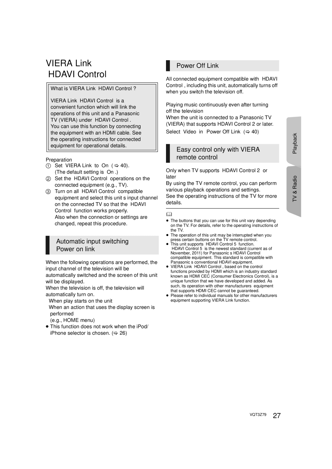 Panasonic SC-BTT583, SC-BTT490, SC-BTT790 Viera Link Hdavi Control, Automatic input switching Power on link, Power Off Link 