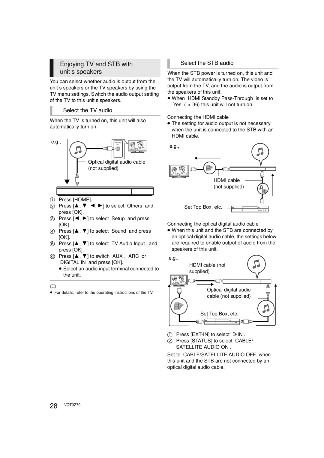 Panasonic SC-BTT490, SC-BTT583 Enjoying TV and STB with unit’s speakers, Select the TV audio, Select the STB audio 