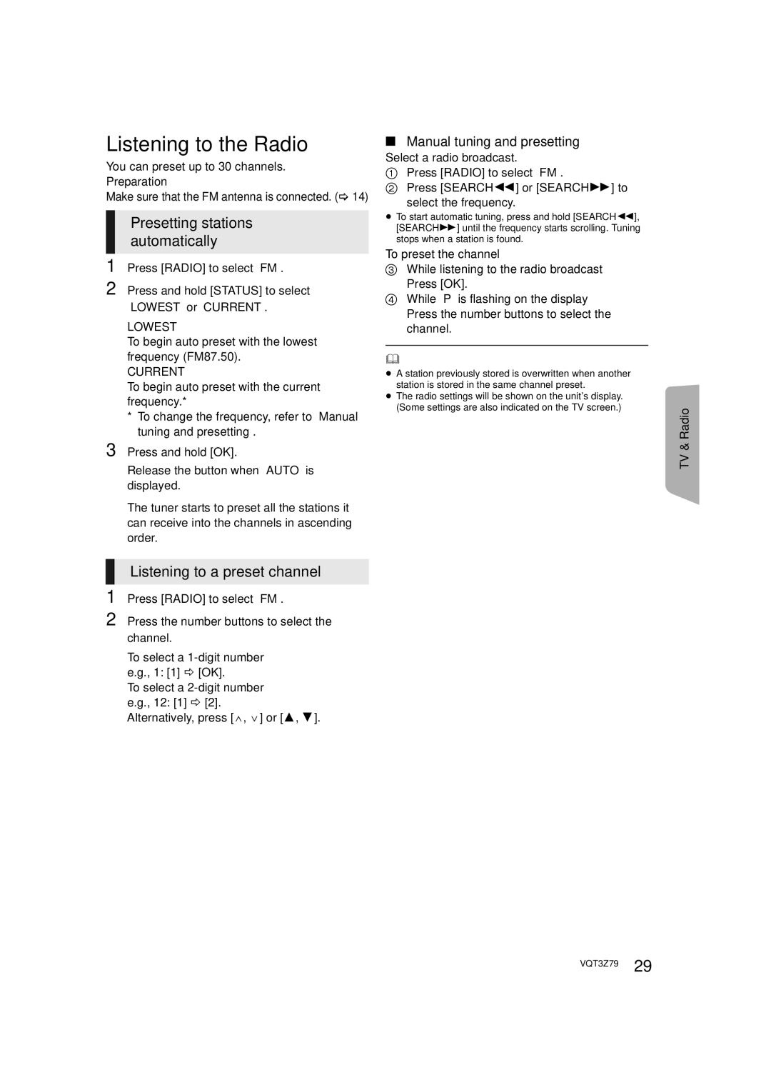 Panasonic SC-BTT790, SC-BTT583, SC-BTT490 operating instructions Manual tuning and presetting 