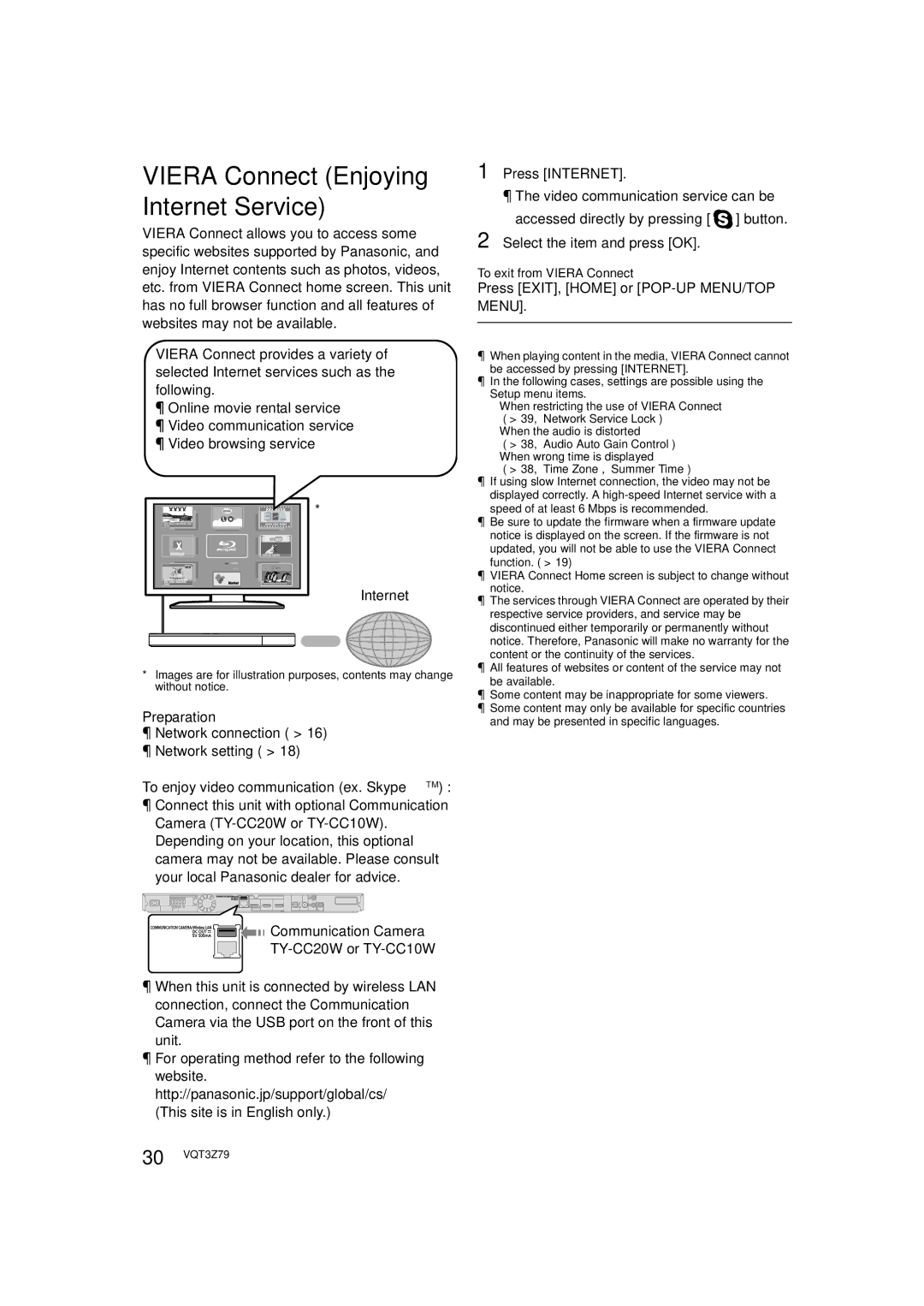 Panasonic SC-BTT583, SC-BTT490, SC-BTT790 ≥ Network connection ≥ Network setting, To enjoy video communication ex. SkypeTM 