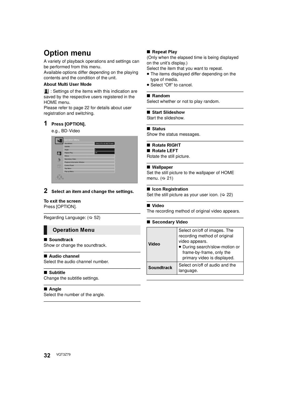 Panasonic SC-BTT790, SC-BTT583, SC-BTT490 operating instructions Option menu, Operation Menu 