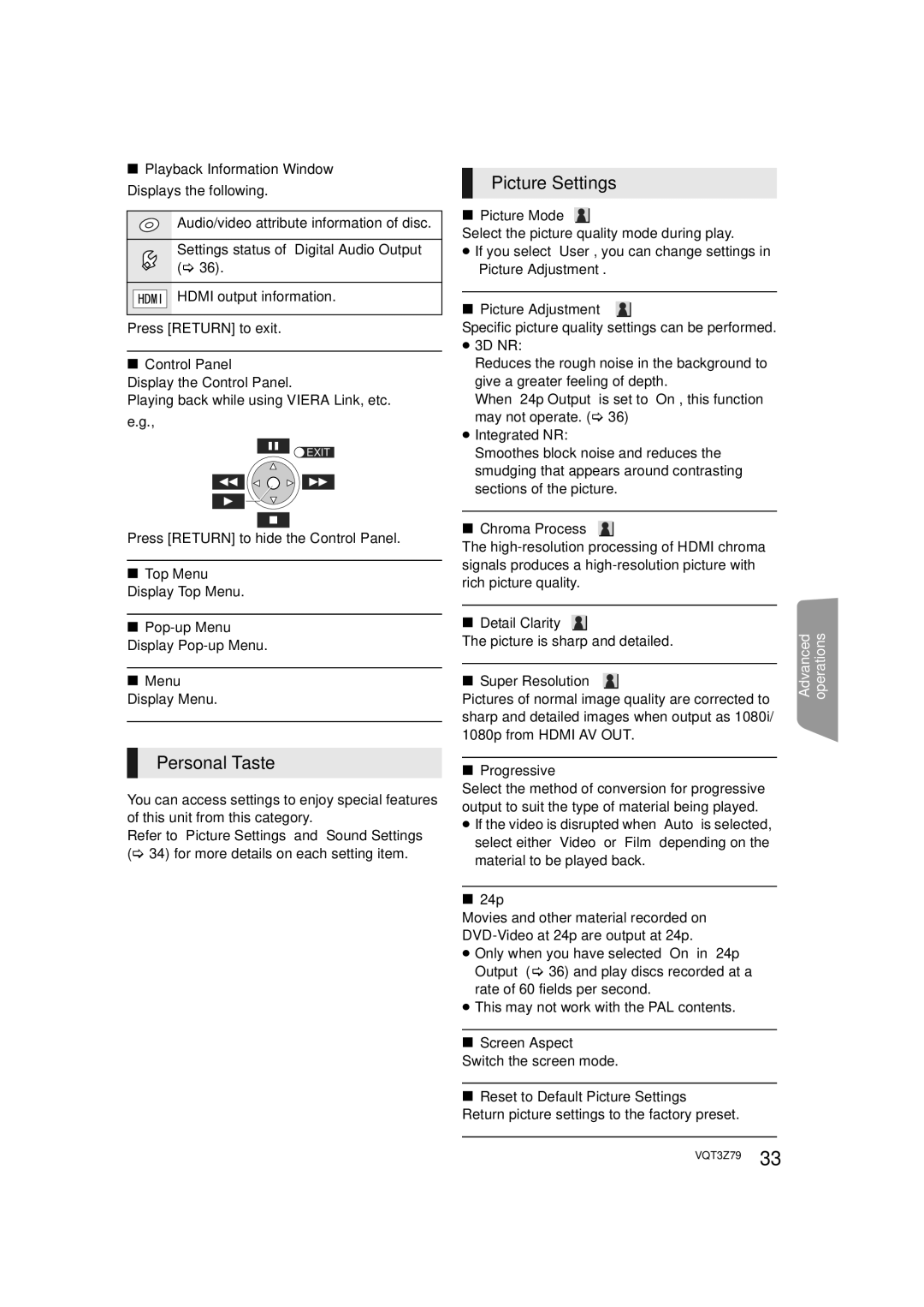 Panasonic SC-BTT583, SC-BTT490, SC-BTT790 operating instructions Picture Settings, Personal Taste 