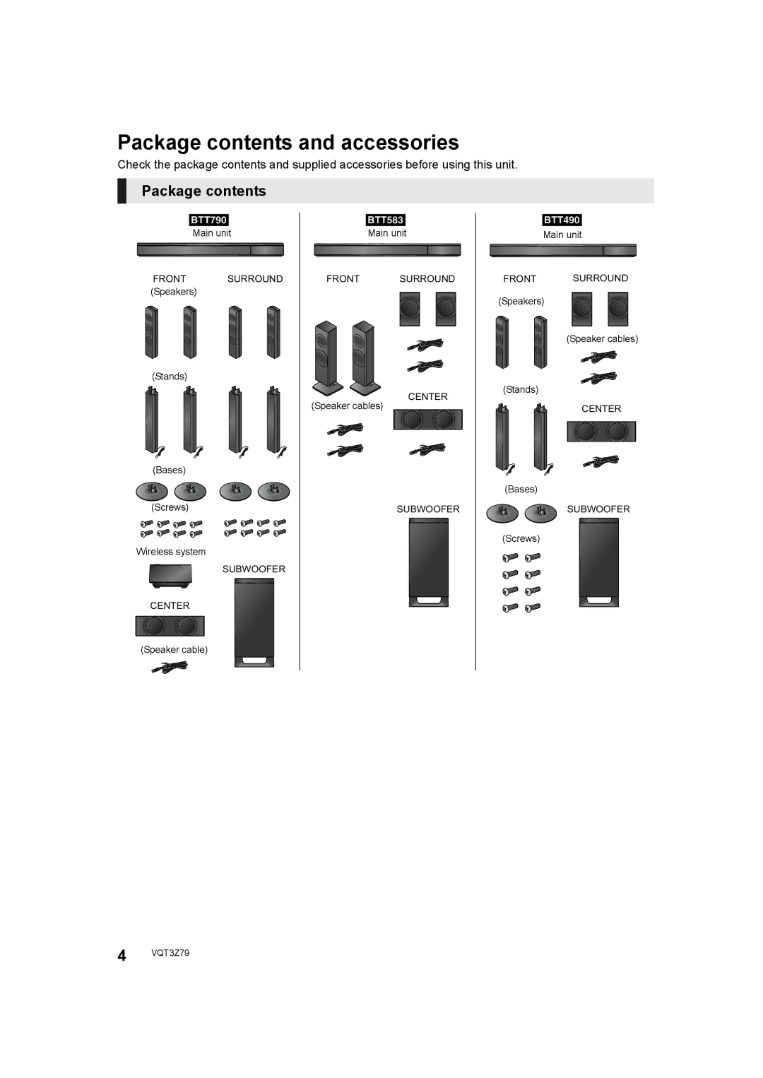 Panasonic SC-BTT490, SC-BTT583, SC-BTT790 operating instructions Package contents and accessories 