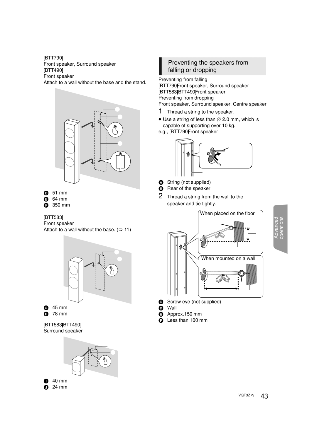 Panasonic SC-BTT490, SC-BTT583, SC-BTT790 operating instructions Preventing the speakers from falling or dropping,    