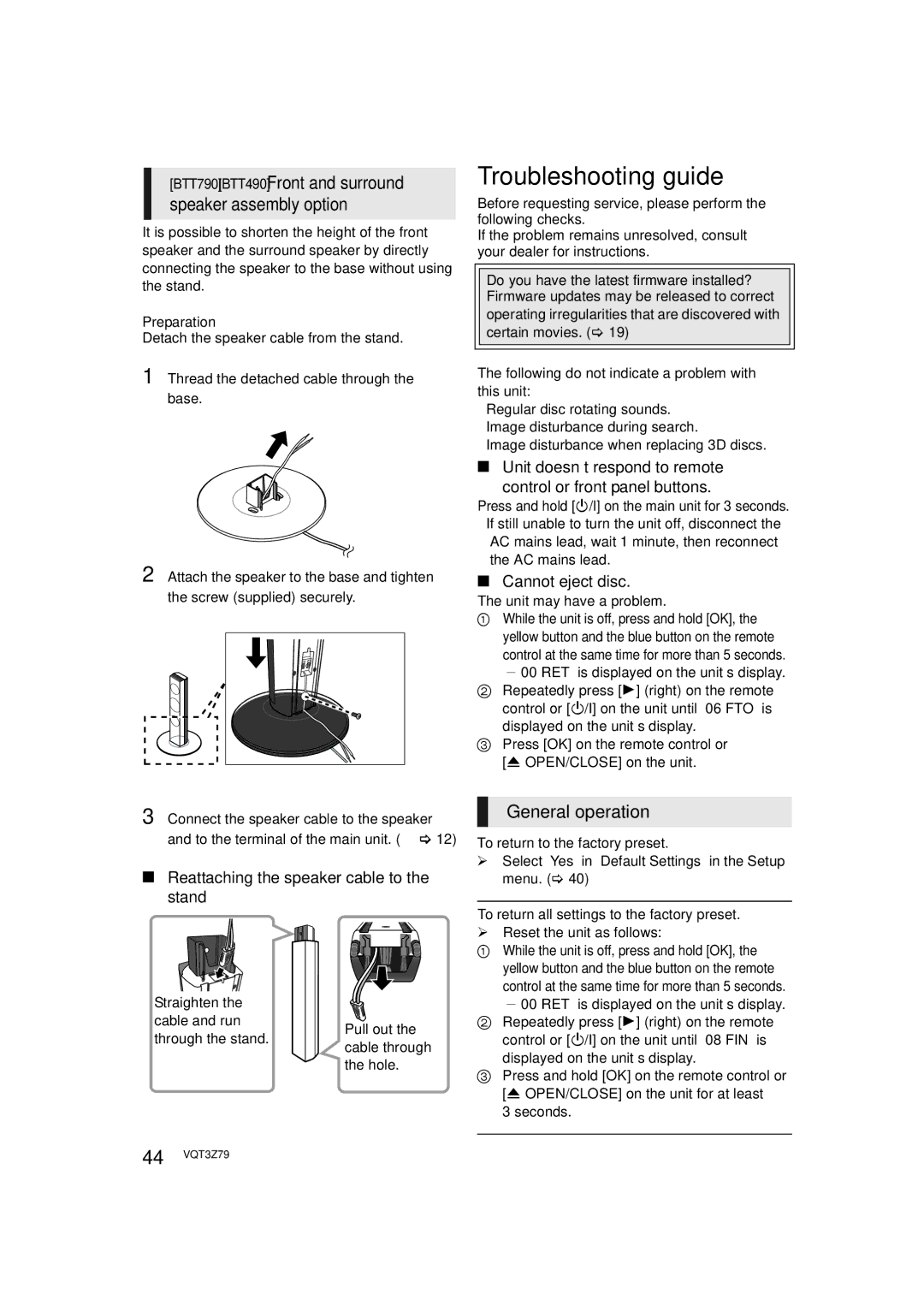 Panasonic SC-BTT790, SC-BTT583 Troubleshooting guide, Speaker assembly option, General operation, Cannot eject disc 