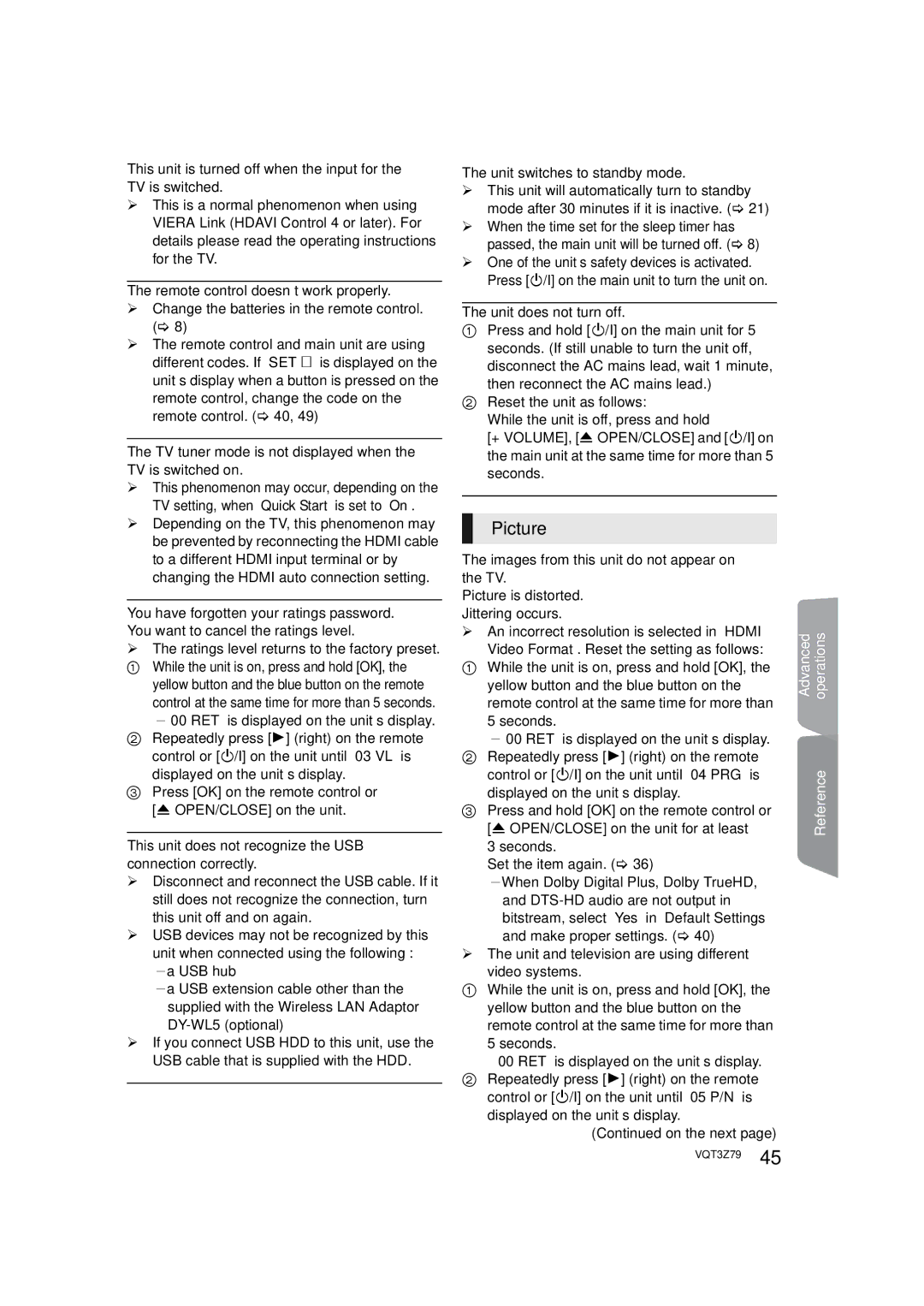 Panasonic SC-BTT583 Remote control doesn’t work properly, TV tuner mode is not displayed when the TV is switched on 