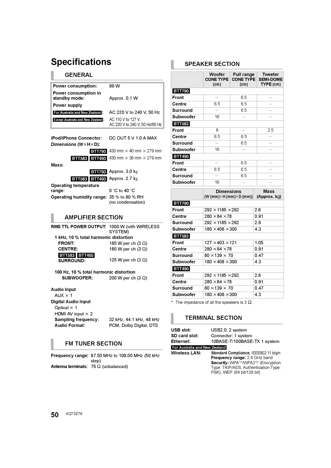 Panasonic SC-BTT790, SC-BTT583, SC-BTT490 operating instructions Specifications, BTT583 BTT490 Approx .7 kg 