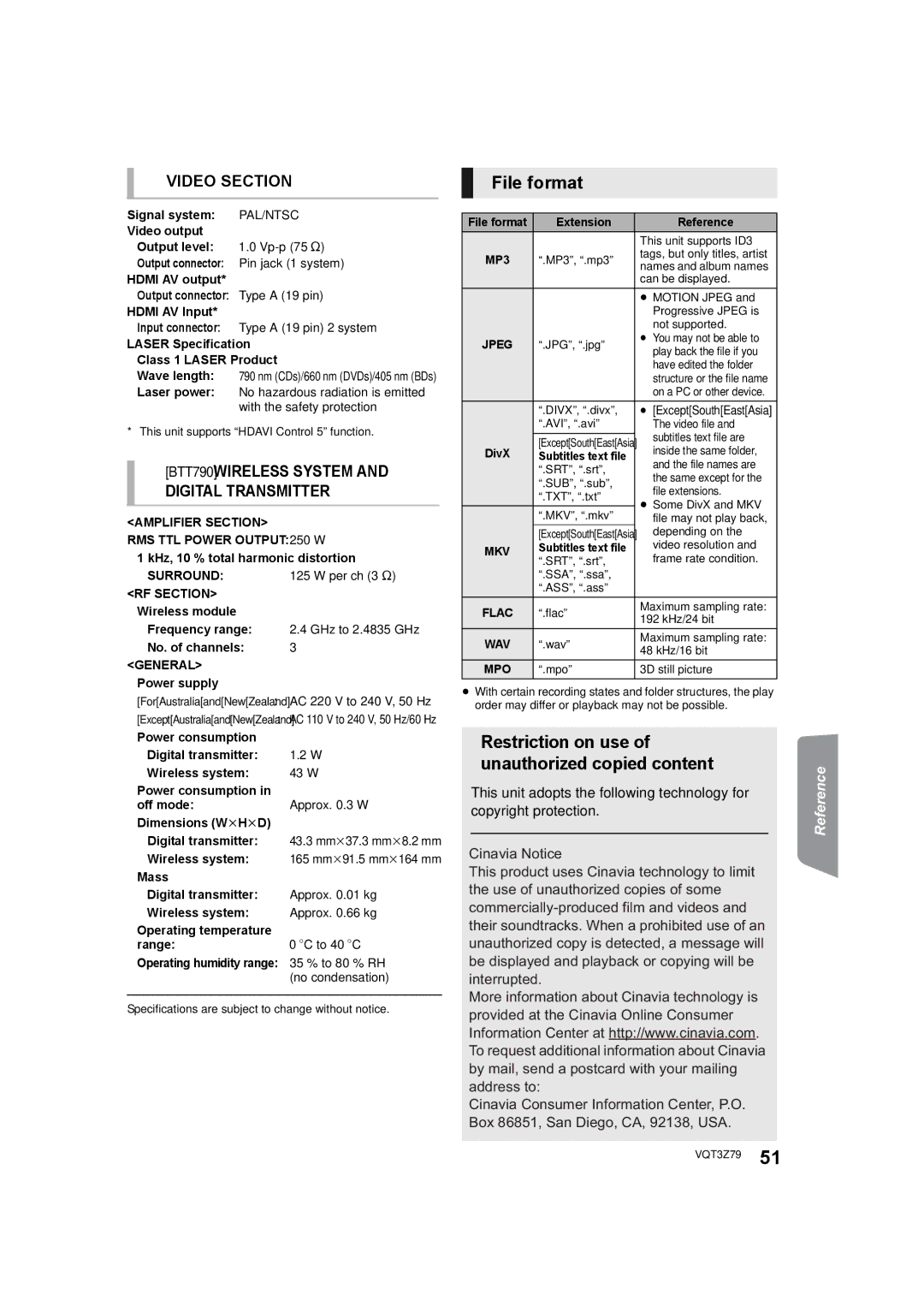 Panasonic SC-BTT583, SC-BTT490, SC-BTT790 File format, Restriction on use of unauthorized copied content 