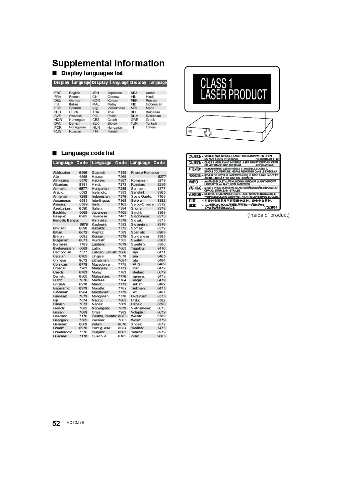 Panasonic SC-BTT490, SC-BTT583 Supplemental information, Display languages list, Language code list, Inside of product 