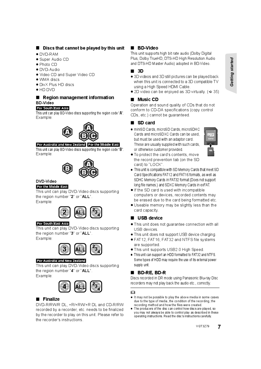 Panasonic SC-BTT490 Discs that cannot be played by this unit, Region management information, Finalize, BD-Video, Music CD 